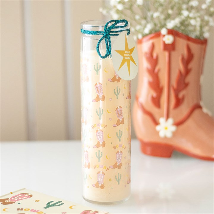 Howdy Cowboy Boot Print Floral Tube Candle - Candles - Inspired Creative Gifts