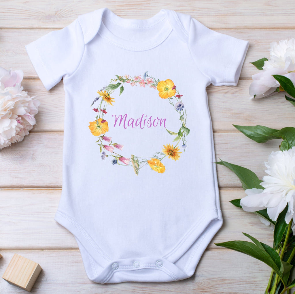 Personalised Colourful Flowers Baby Outfit: Bib, Vest, Grow | Baby Gifts | Inspired Creative Gifts