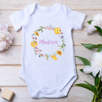 Personalised Colourful Flowers Baby Outfit: Bib, Vest, Grow | Baby Gifts | Inspired Creative Gifts