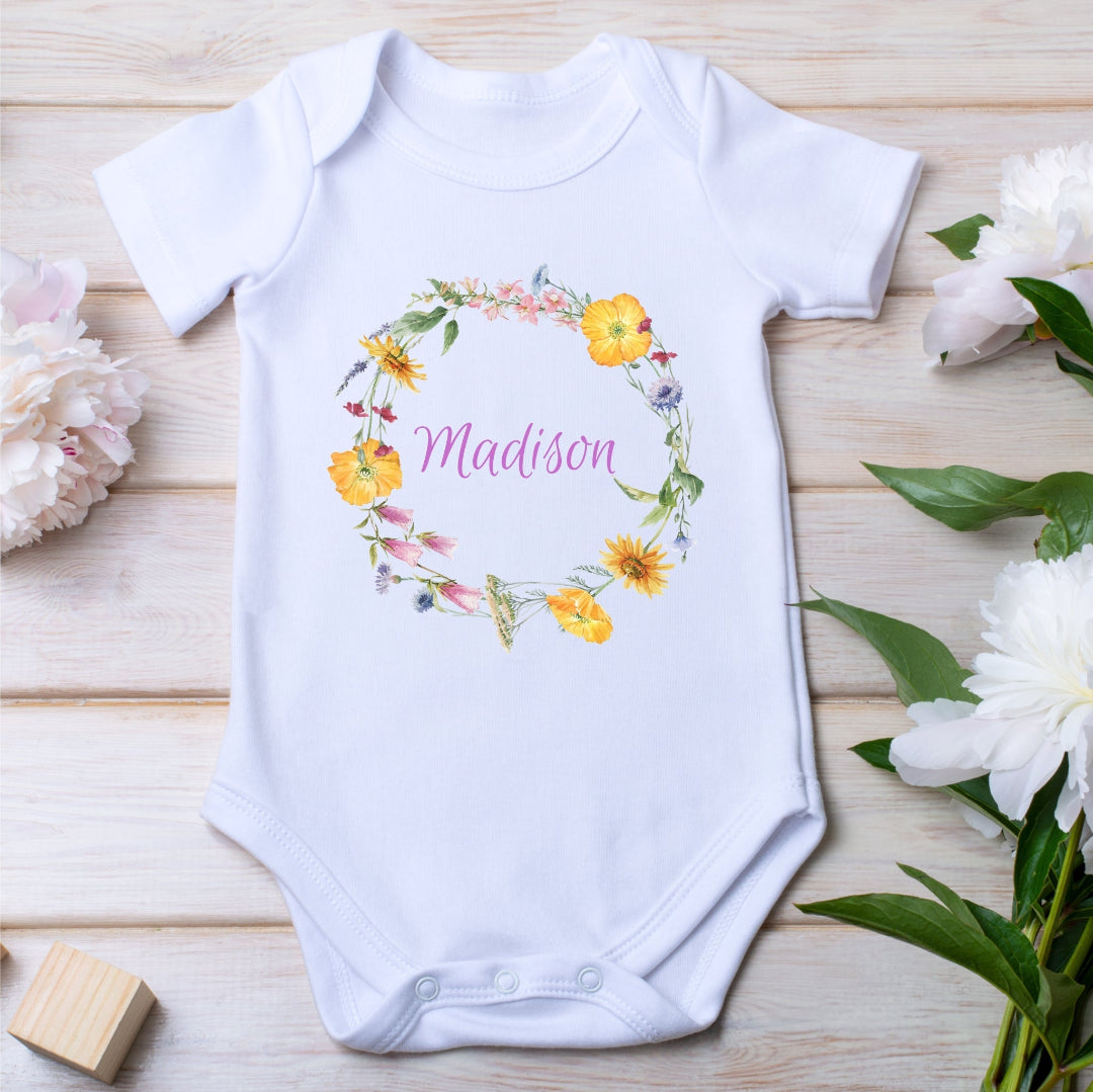 Personalised Colourful Flowers Baby Outfit: Bib, Vest, Grow | Baby Gifts | Inspired Creative Gifts
