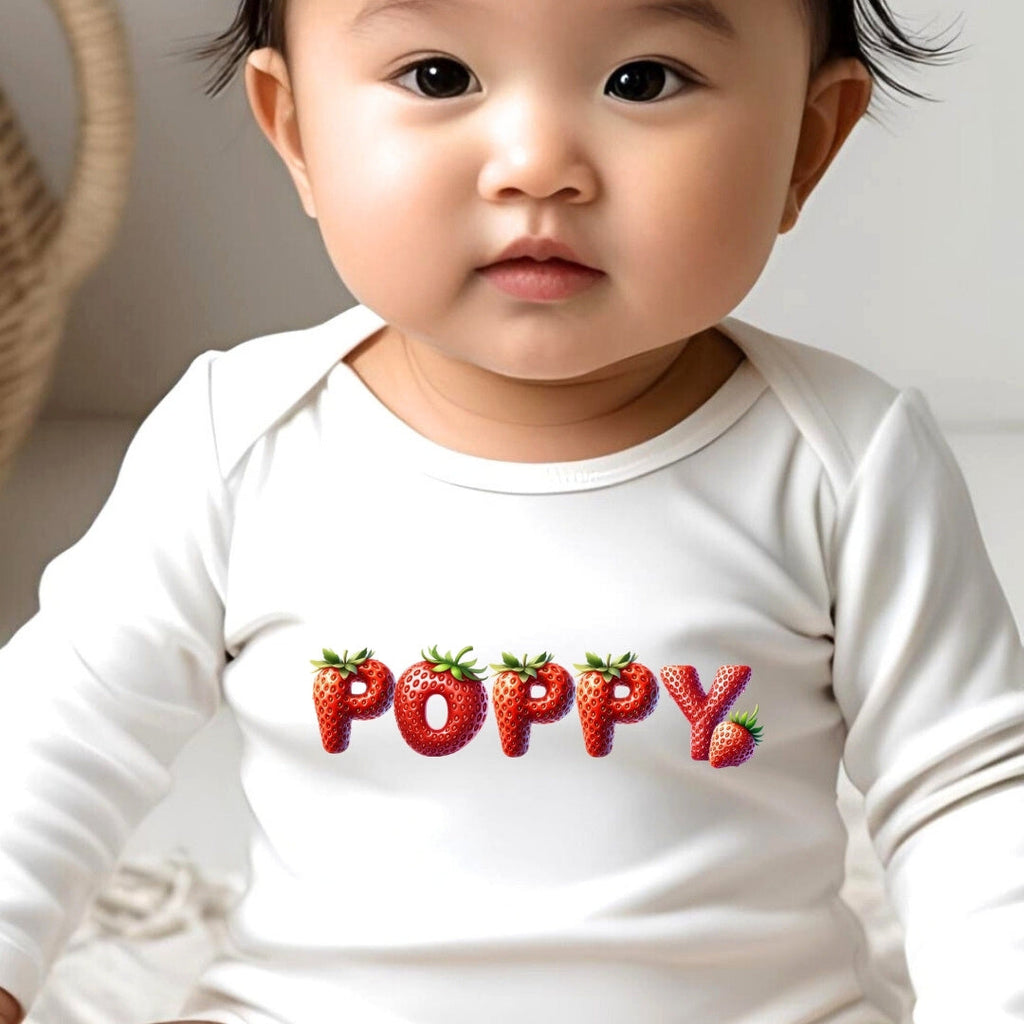 Personalised Strawberry Baby Grow, Vest or Bib with Name