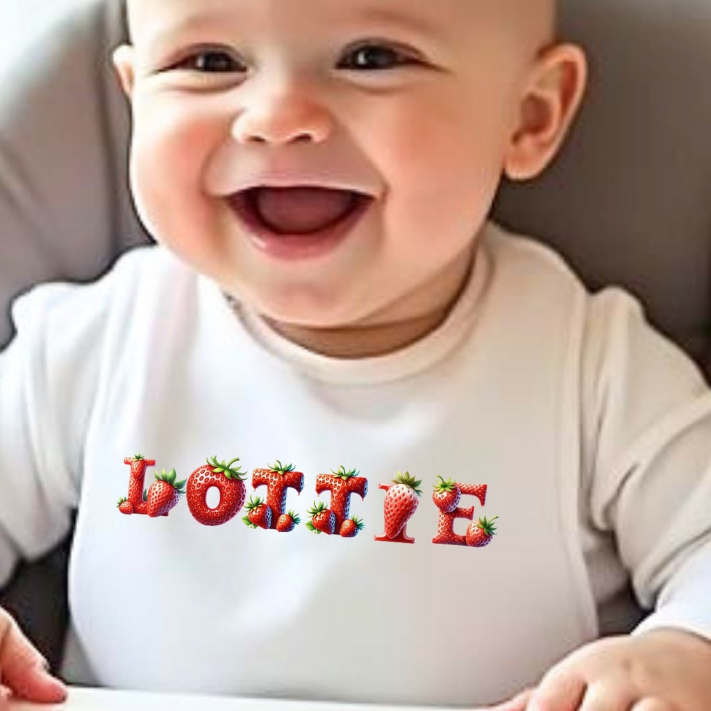 Personalised Strawberry Baby Grow, Vest or Bib with Name