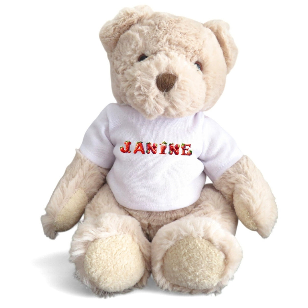 Personalised Luxury Teddy Bear with Strawberry Name T-Shirt | Baby Gifts