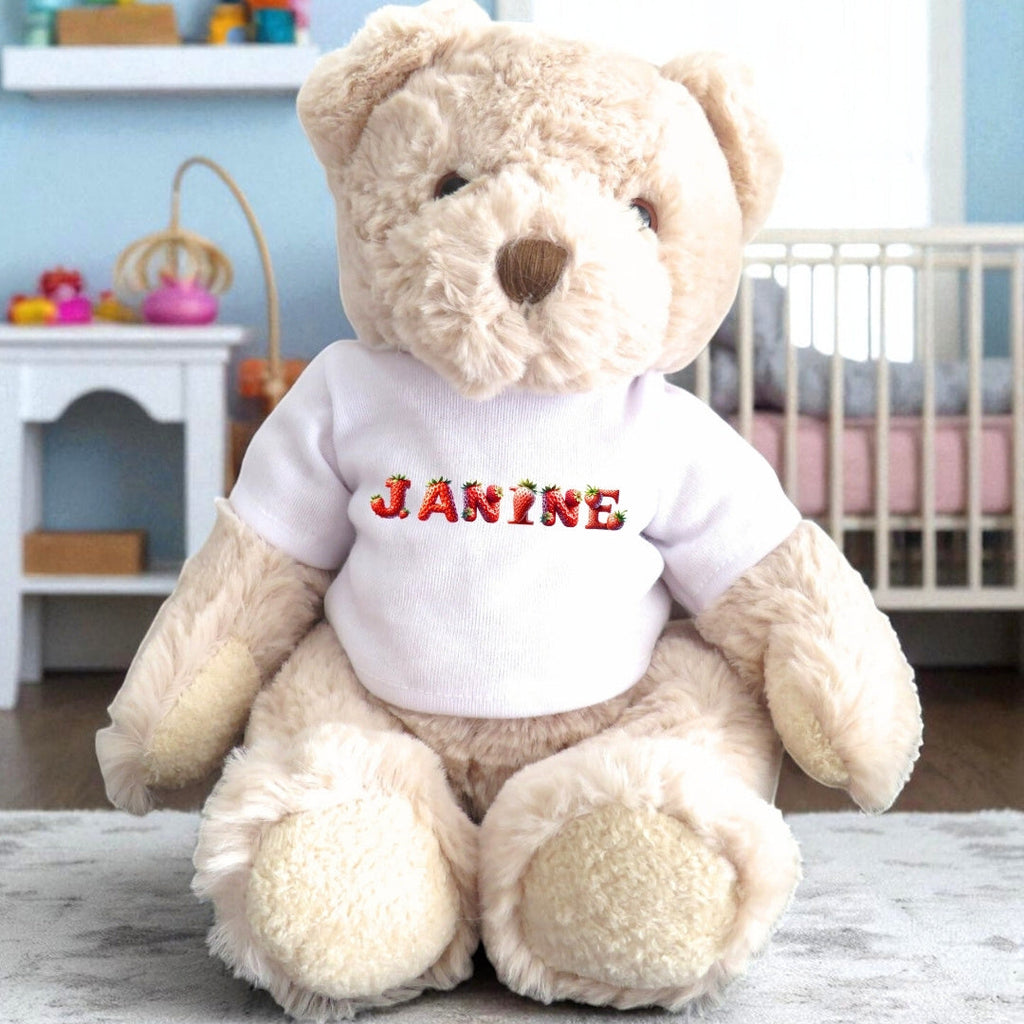 Personalised Luxury Teddy Bear with Strawberry Name T-Shirt | Baby Gifts