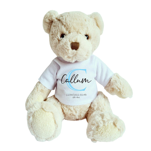 Luxury Teddy Bear with Personalised Blue Initial Shirt for New Baby
