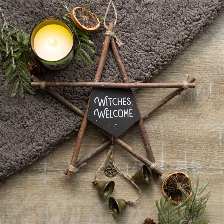 30cm Witches Welcome Willow Pentagram Sign with Bells - Sign - Inspired Creative Gifts