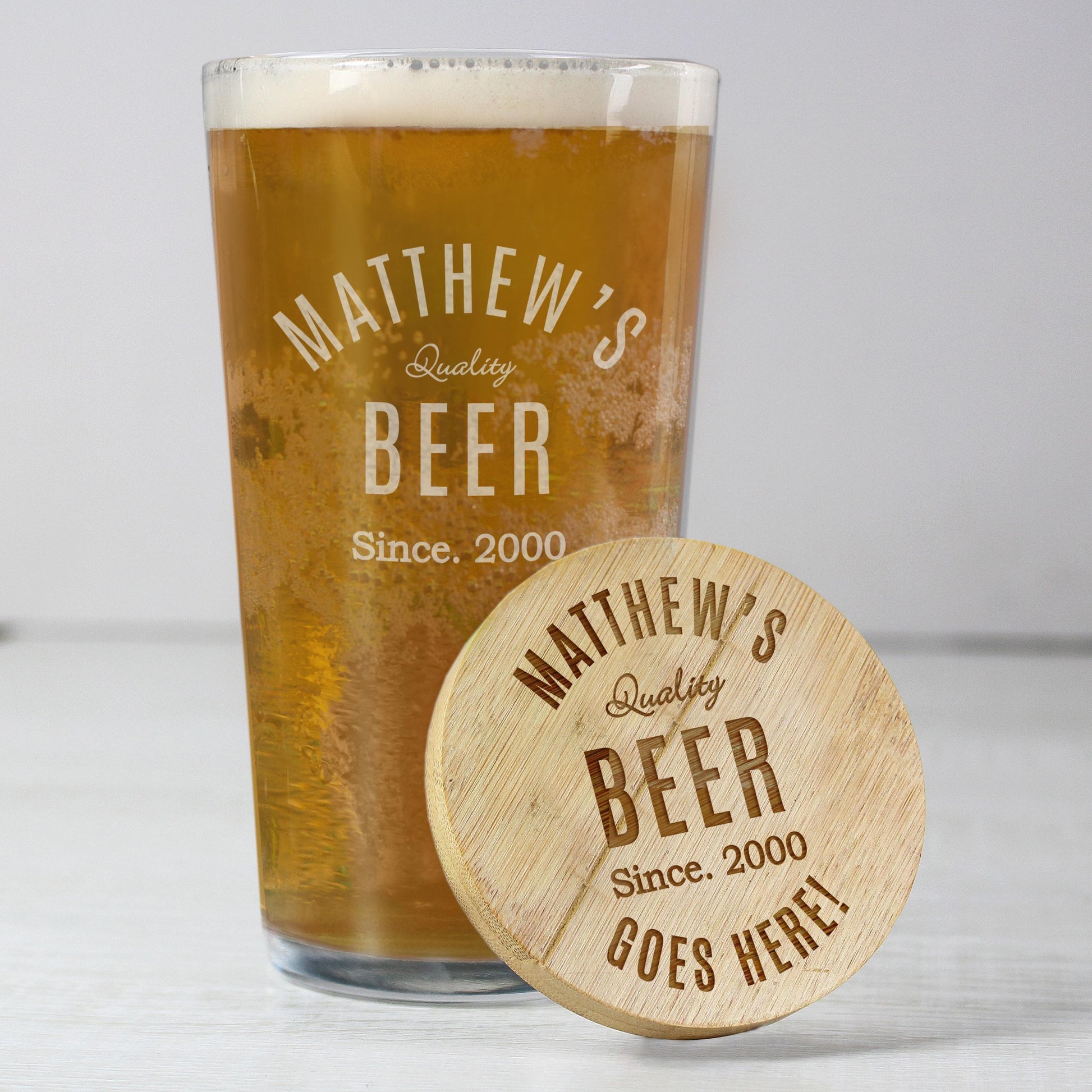 Personalised Bamboo Coaster & Pint Glass Set for Him | Fathers Day/Birthday Gift | Inspired Creative Gifts