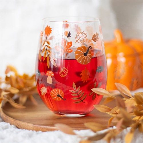 Autumn Leaves and Pumpkins Stemless Glass | Inspired Creative Gifts | UK Supplier