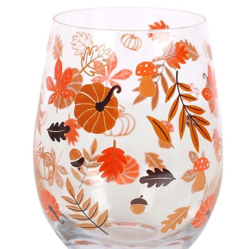 Autumn Leaves and Pumpkins Stemless Glass | Inspired Creative Gifts | UK Supplier