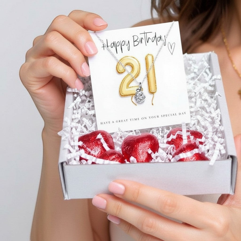 21st Birthday Cubic Zirconia Necklace & Gold Balloons Mini Hamper | Gift for Her