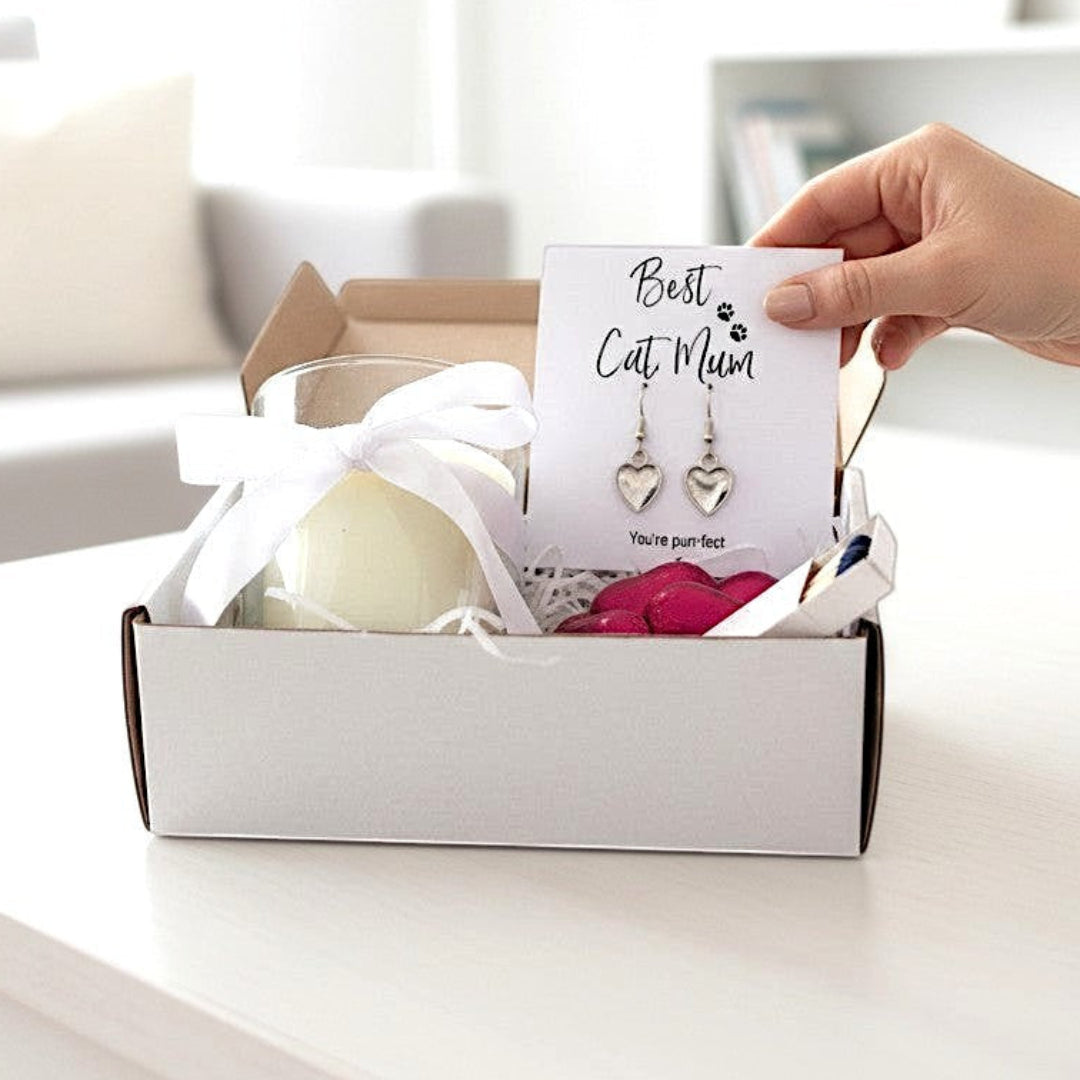 Small Best Cat Mum Gift Hamper Heart Earrings Chocolates & Candle | Gift for Her
