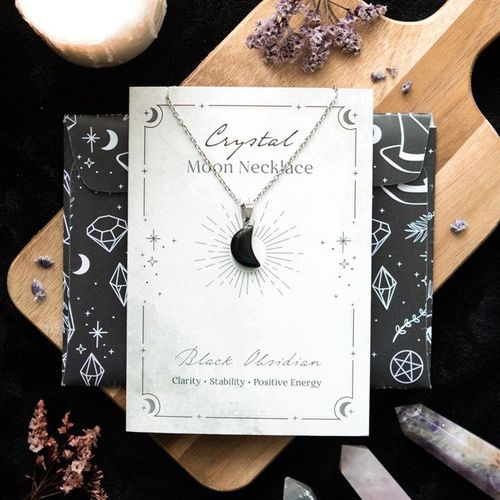 Black Obsidian Crystal Moon Necklace on Greeting Card | Inspired Creative Gifts | UK Supplier