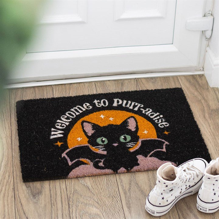 Black Welcome to Purr - adise Cat Doormat | Inspired Creative Gifts | UK Supplier