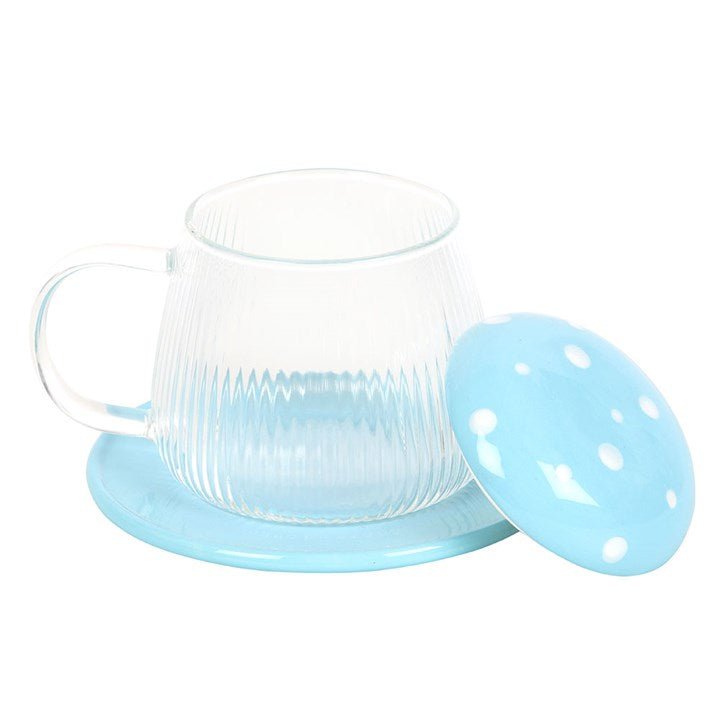Blue Glass Mushroom Mug and Saucer | Inspired Creative Gifts | UK Supplier
