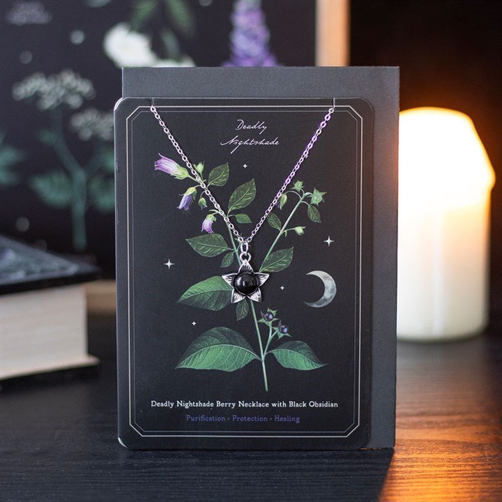 Deadly Nightshade Necklace with Black Obsidian on Greeting Card | Inspired Creative Gifts | UK Supplier