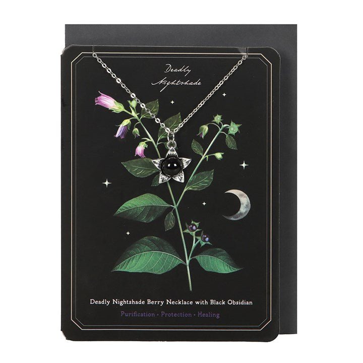 Deadly Nightshade Necklace with Black Obsidian on Greeting Card | Inspired Creative Gifts | UK Supplier