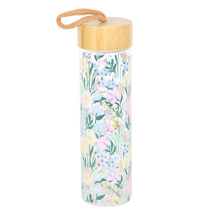 Ditsy Floral Print Glass and Bamboo Water Bottle | Inspired Creative Gifts | UK Supplier