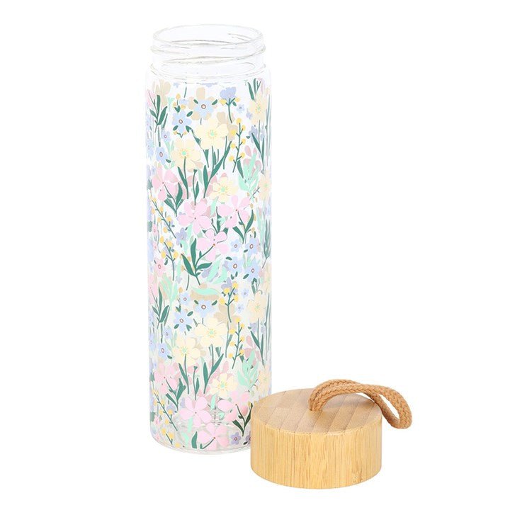 Ditsy Floral Print Glass and Bamboo Water Bottle | Inspired Creative Gifts | UK Supplier