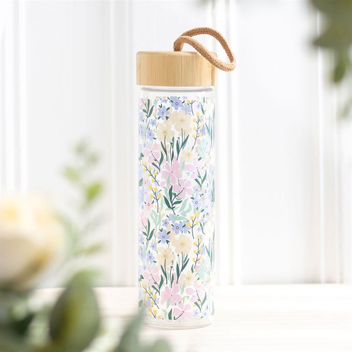 Ditsy Floral Print Glass and Bamboo Water Bottle | Inspired Creative Gifts | UK Supplier