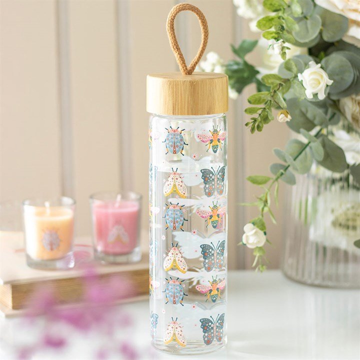 Floral Bug Print Glass Water Bottle | Inspired Creative Gifts | UK Supplier