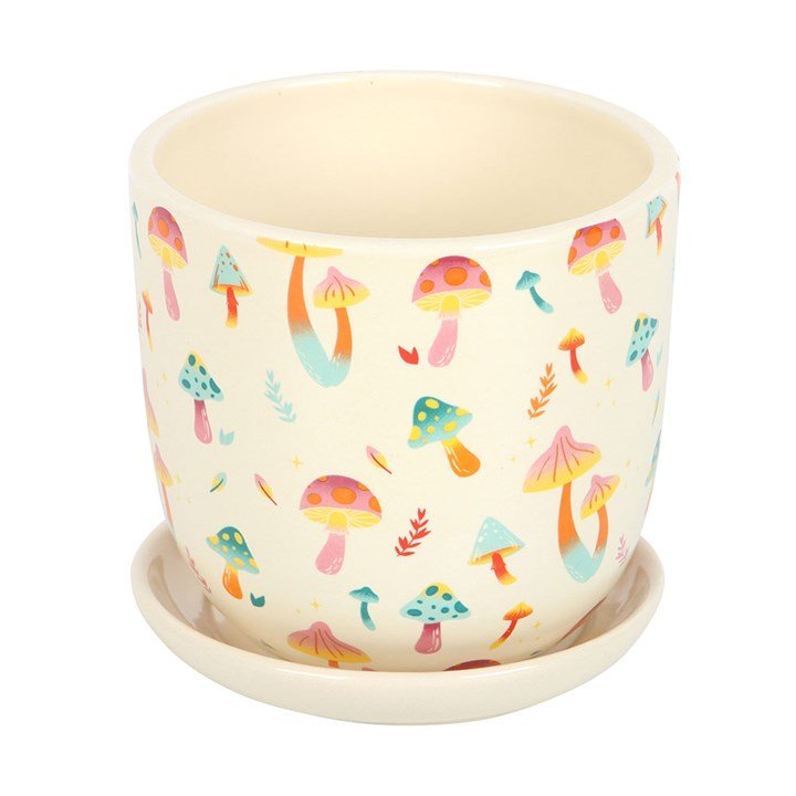 Funky Fungi Mushroom Print Plant Pot with Saucer | Inspired Creative Gifts | UK Supplier