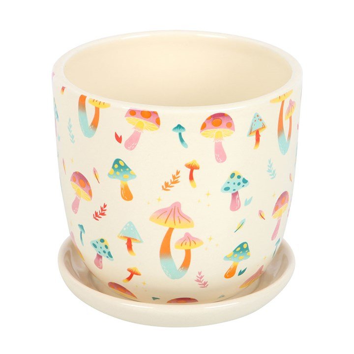Funky Fungi Mushroom Print Plant Pot with Saucer | Inspired Creative Gifts | UK Supplier