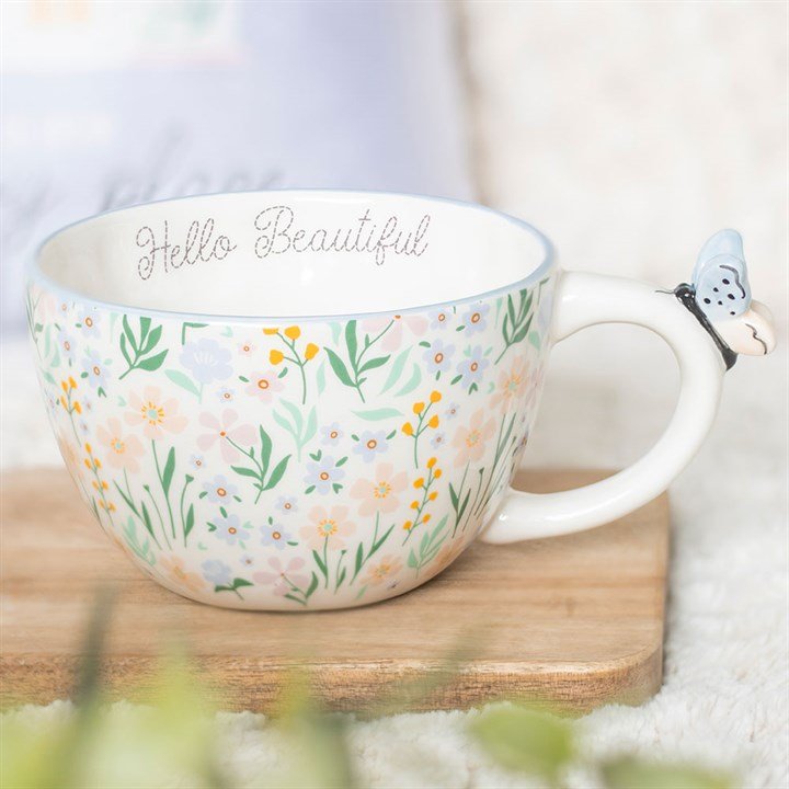 Hello Beautiful Ditsy Floral Print Mug with Butterfly | Inspired Creative Gifts | UK Supplier