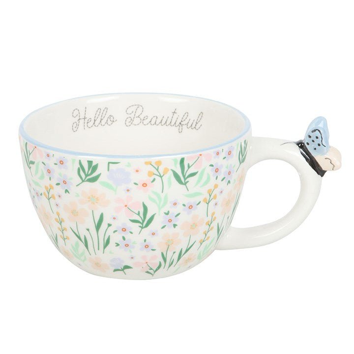Hello Beautiful Ditsy Floral Print Mug with Butterfly | Inspired Creative Gifts | UK Supplier