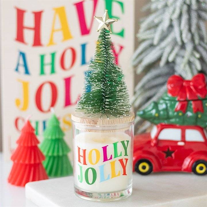 Holly Jolly Pine & Fir Glass Candle with Tree | Inspired Creative Gifts | UK Supplier