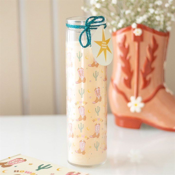 Howdy Cowboy Boot Print Floral Tube Candle | Inspired Creative Gifts | UK Supplier