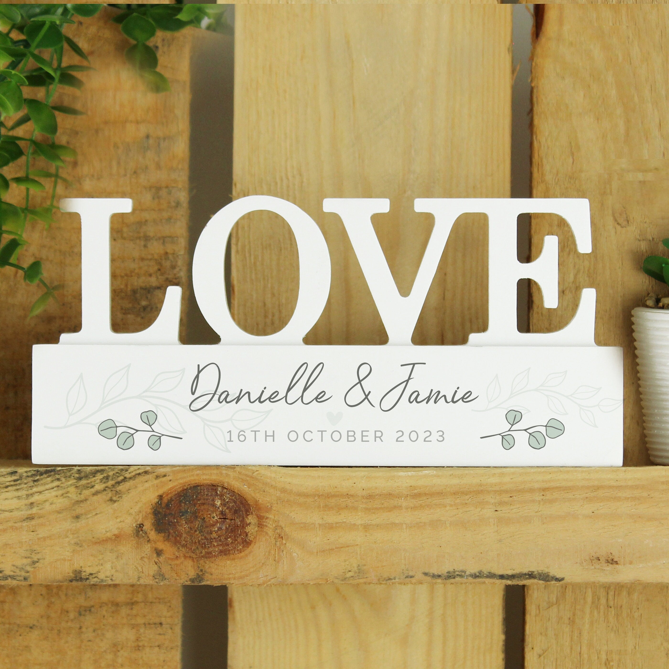 Personalised Botanical Wooden Love Ornament Sign, Wedding Personalised Sign, Family Sign