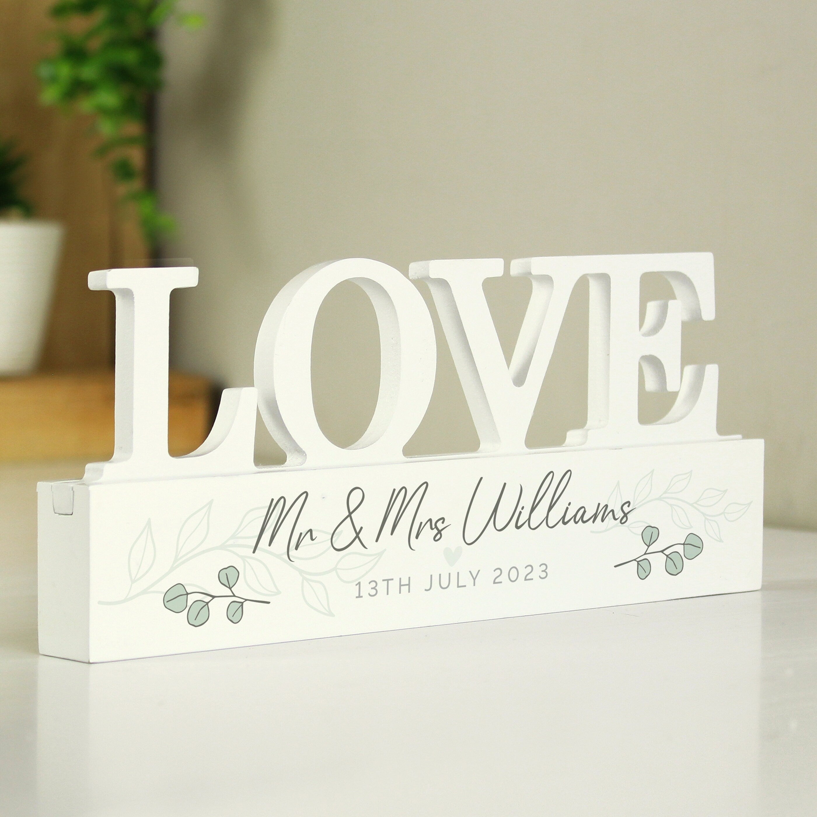 Personalised Botanical Wooden Love Ornament Sign, Wedding Personalised Sign, Family Sign