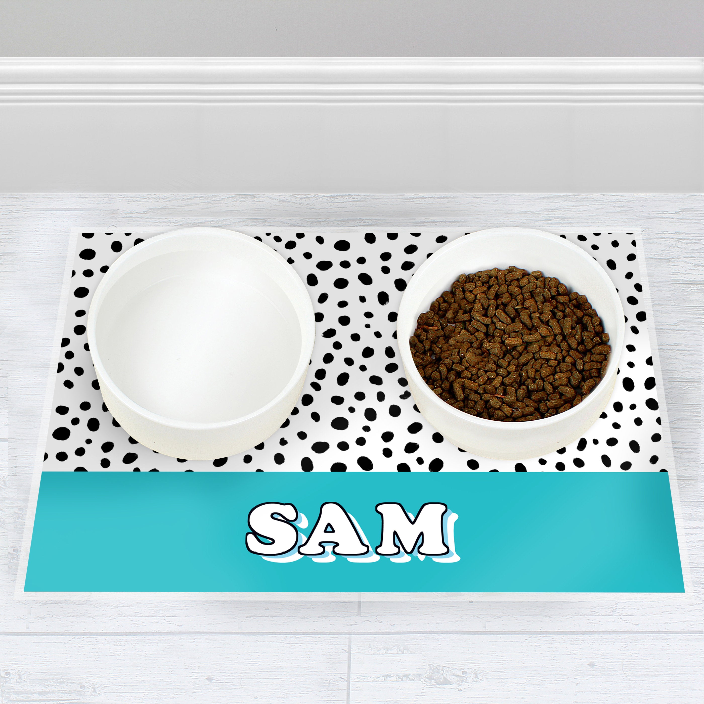 Personalised Blue or Pink Spots Dog Pet Bowl Mat