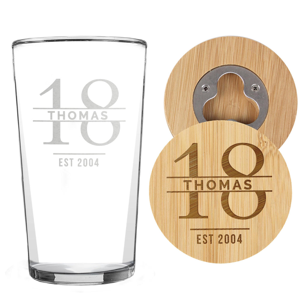 Personalised Engraved Big Age Bamboo Bottle Opener Coaster and Pint Glass Set | Big Age 18th, 21st, 30th, 40th, 50th, 60th