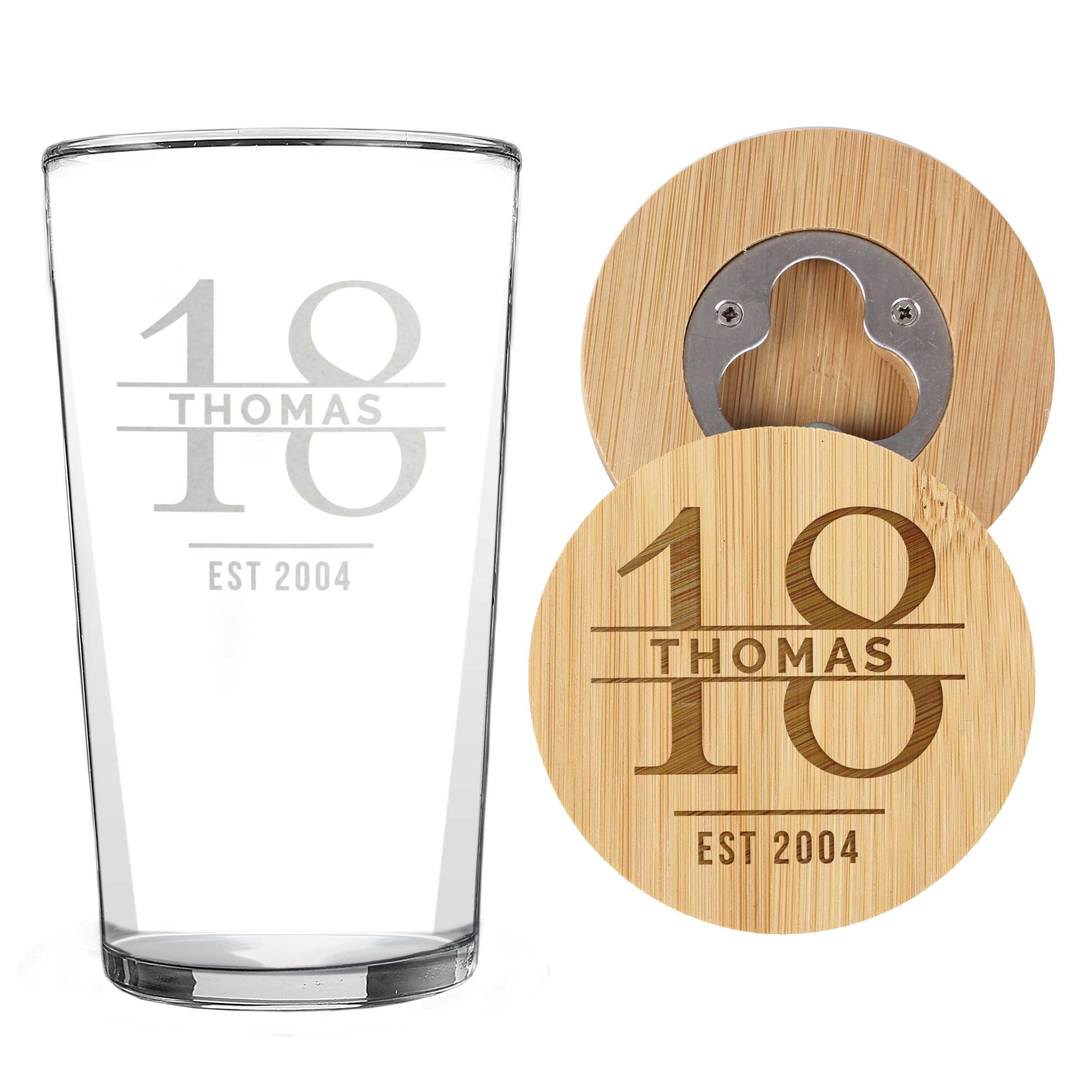 Personalised Engraved Big Age Bamboo Bottle Opener Coaster and Pint Glass Set | Big Age 18th, 21st, 30th, 40th, 50th, 60th