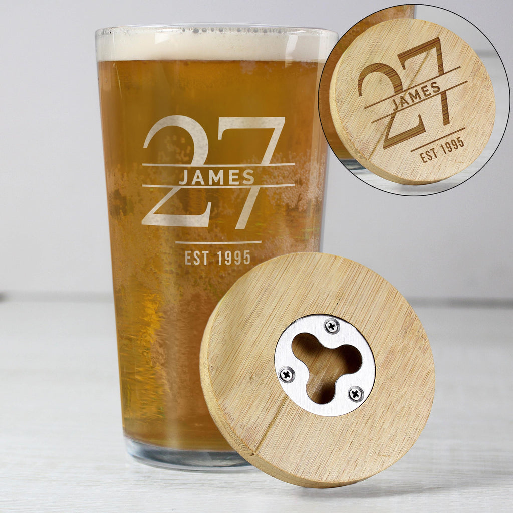 Personalised Engraved Big Age Bamboo Bottle Opener Coaster and Pint Glass Set | Big Age 18th, 21st, 30th, 40th, 50th, 60th