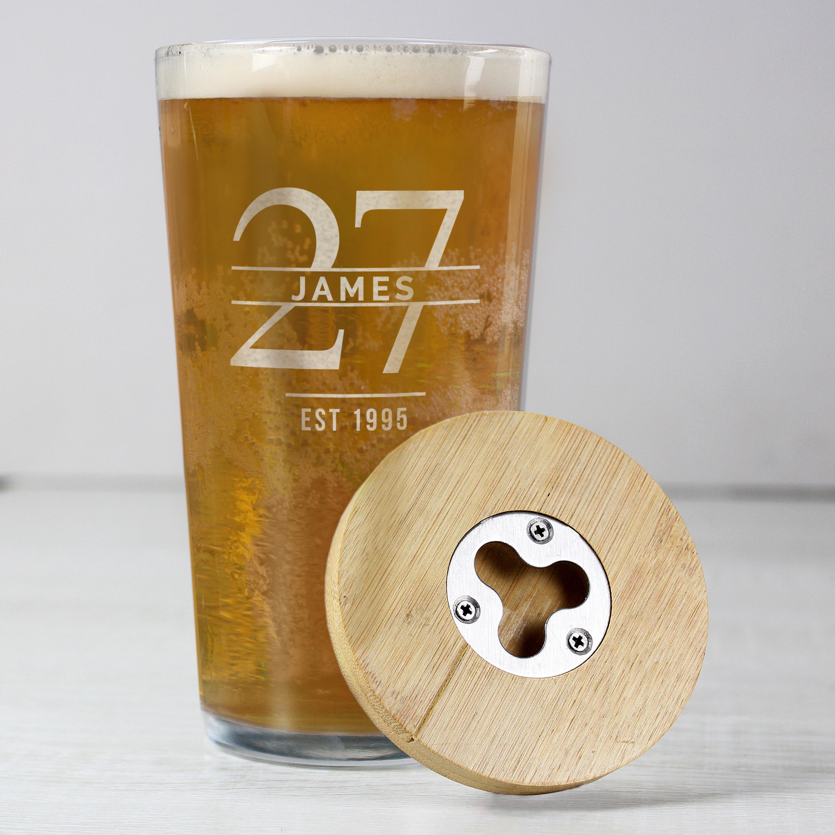 Personalised Engraved Big Age Bamboo Bottle Opener Coaster and Pint Glass Set | Big Age 18th, 21st, 30th, 40th, 50th, 60th