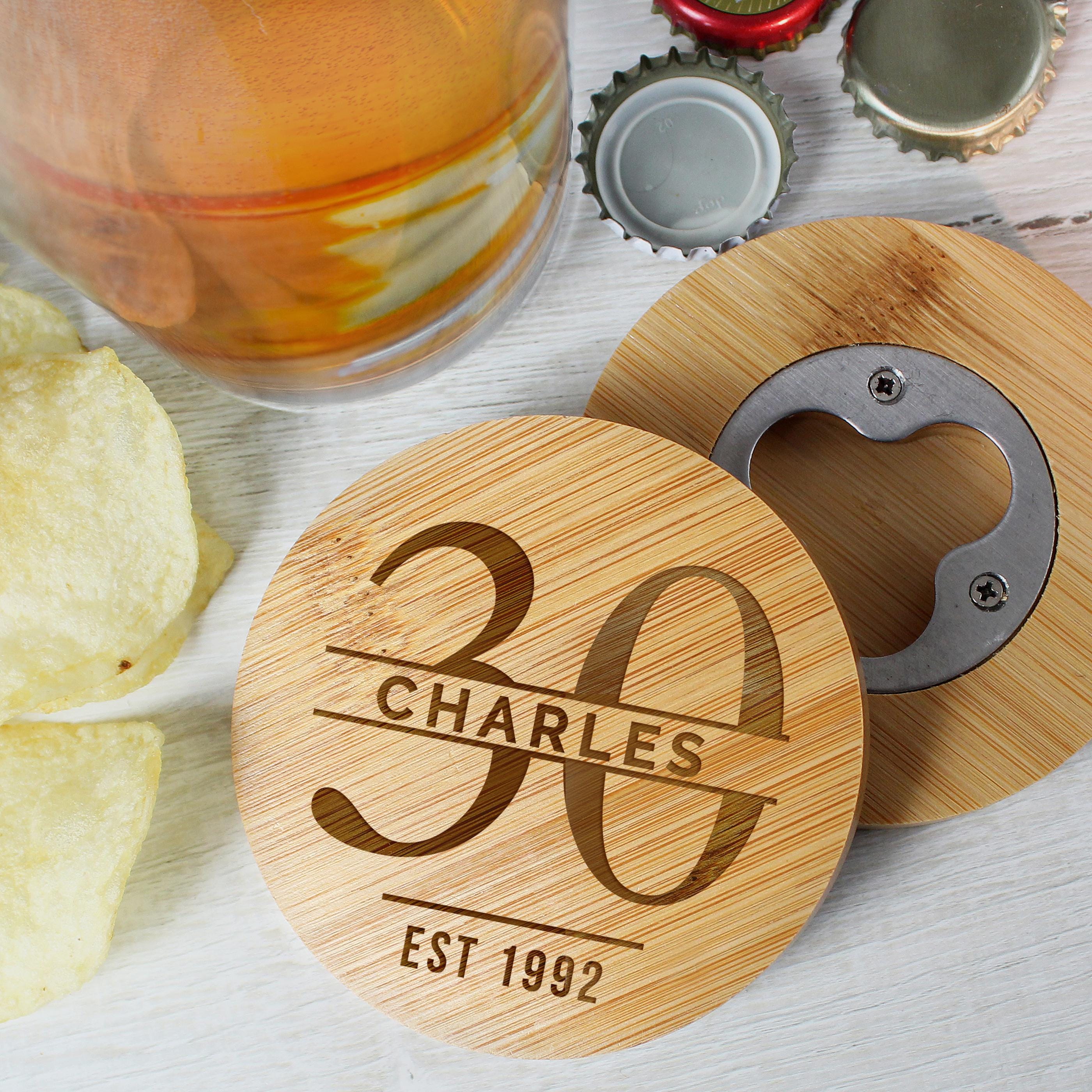 Personalised Engraved Big Age Bamboo Bottle Opener Coaster and Pint Glass Set | Big Age 18th, 21st, 30th, 40th, 50th, 60th