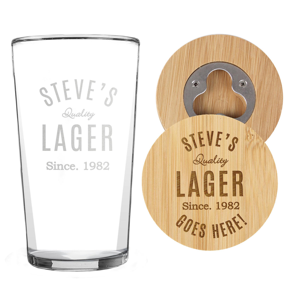 Personalised Bamboo Coaster & Pint Glass Set for Him | Fathers Day/Birthday Gift