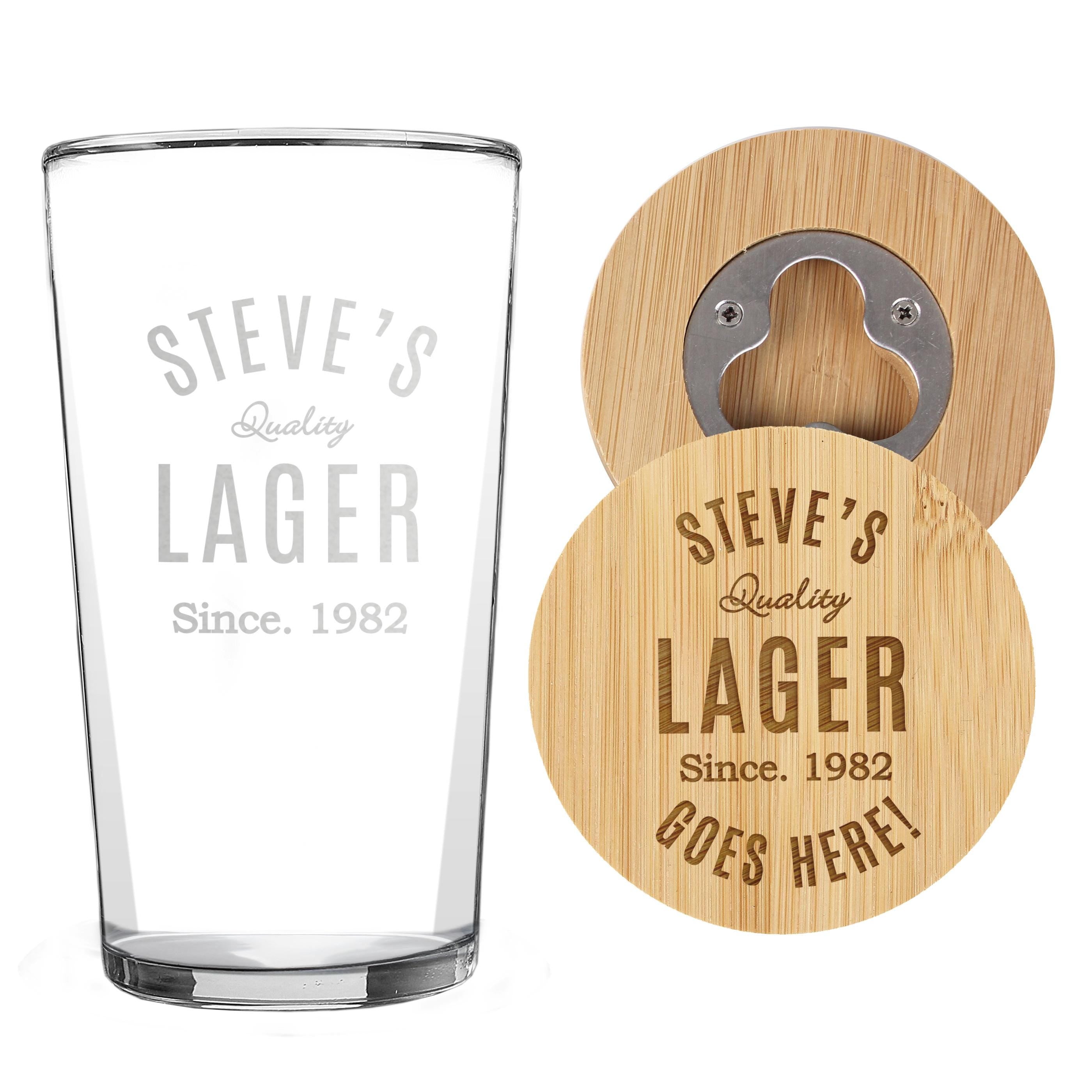 Personalised Bamboo Coaster & Pint Glass Set for Him | Fathers Day/Birthday Gift