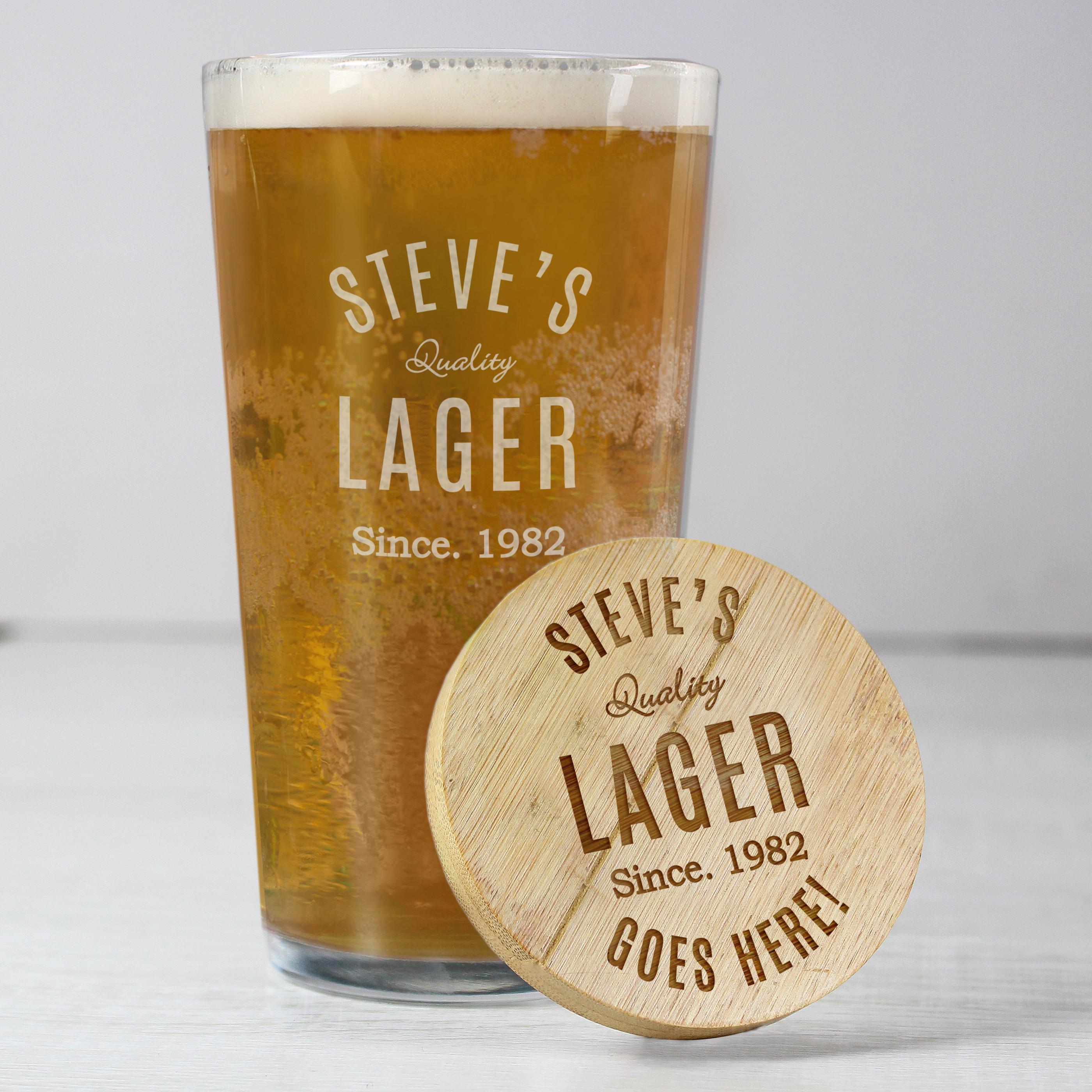 Personalised Bamboo Coaster & Pint Glass Set for Him | Fathers Day/Birthday Gift