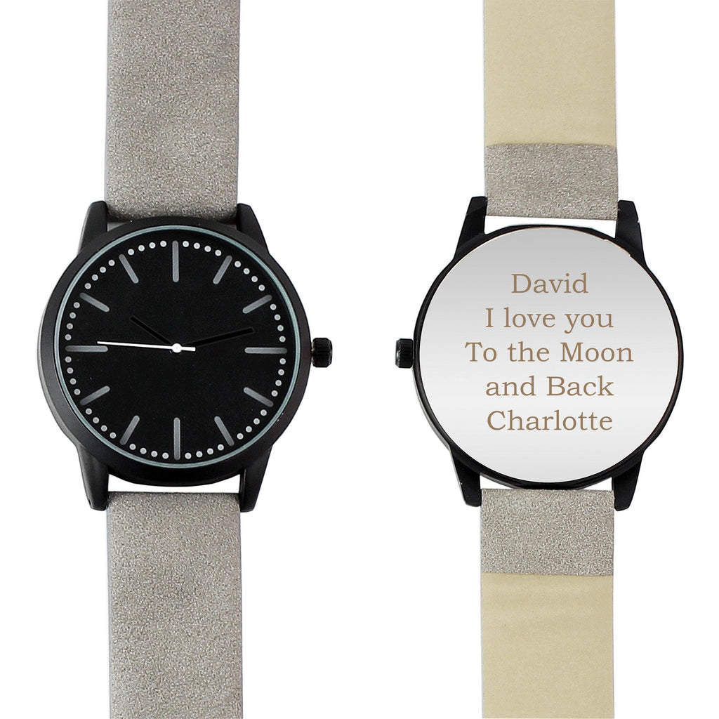 Personalised Mens Matte Black Watch with Grey Strap and Presentation Box - Inspired Creative Gifts