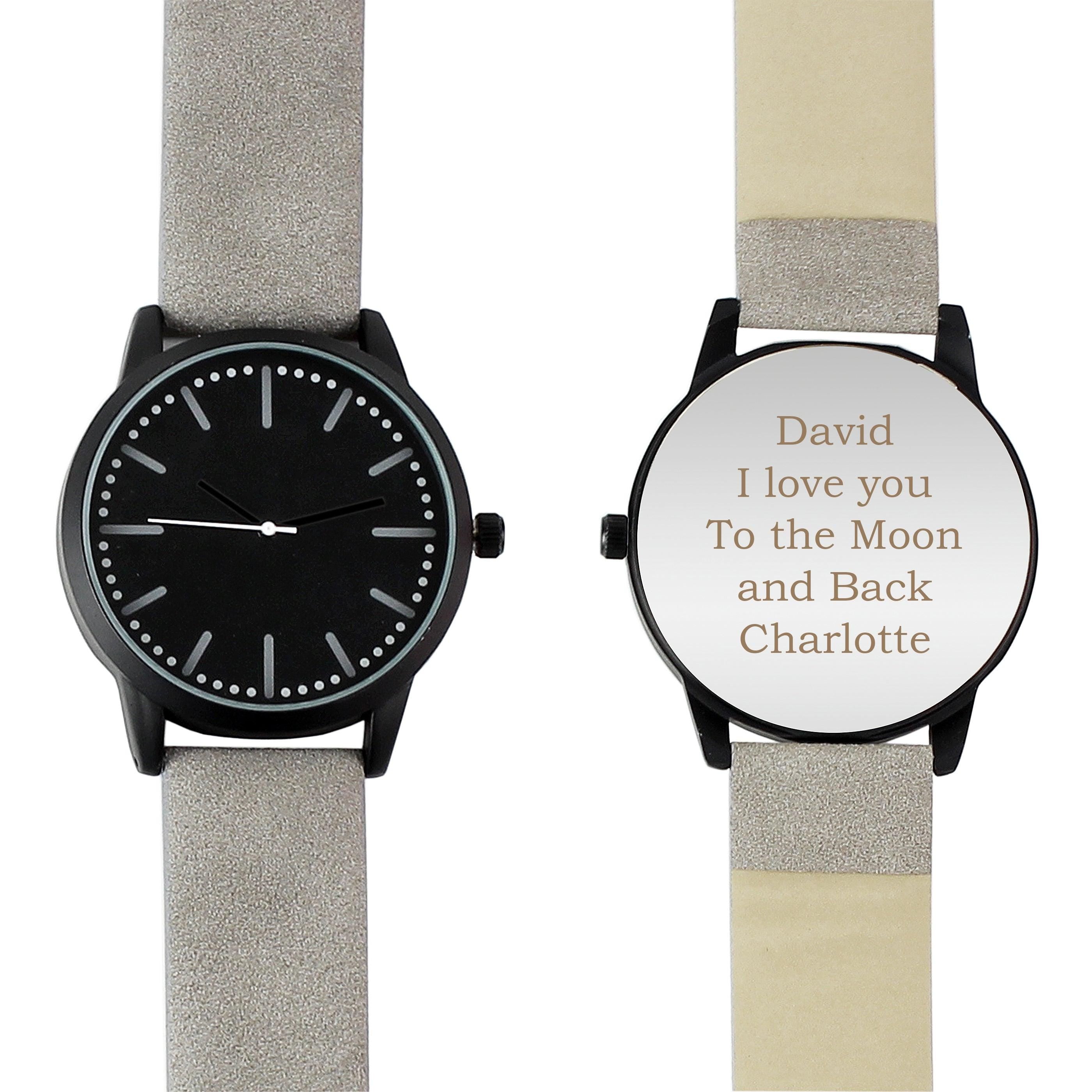 Personalised Mens Matte Black Watch with Grey Strap and Presentation Box - Inspired Creative Gifts