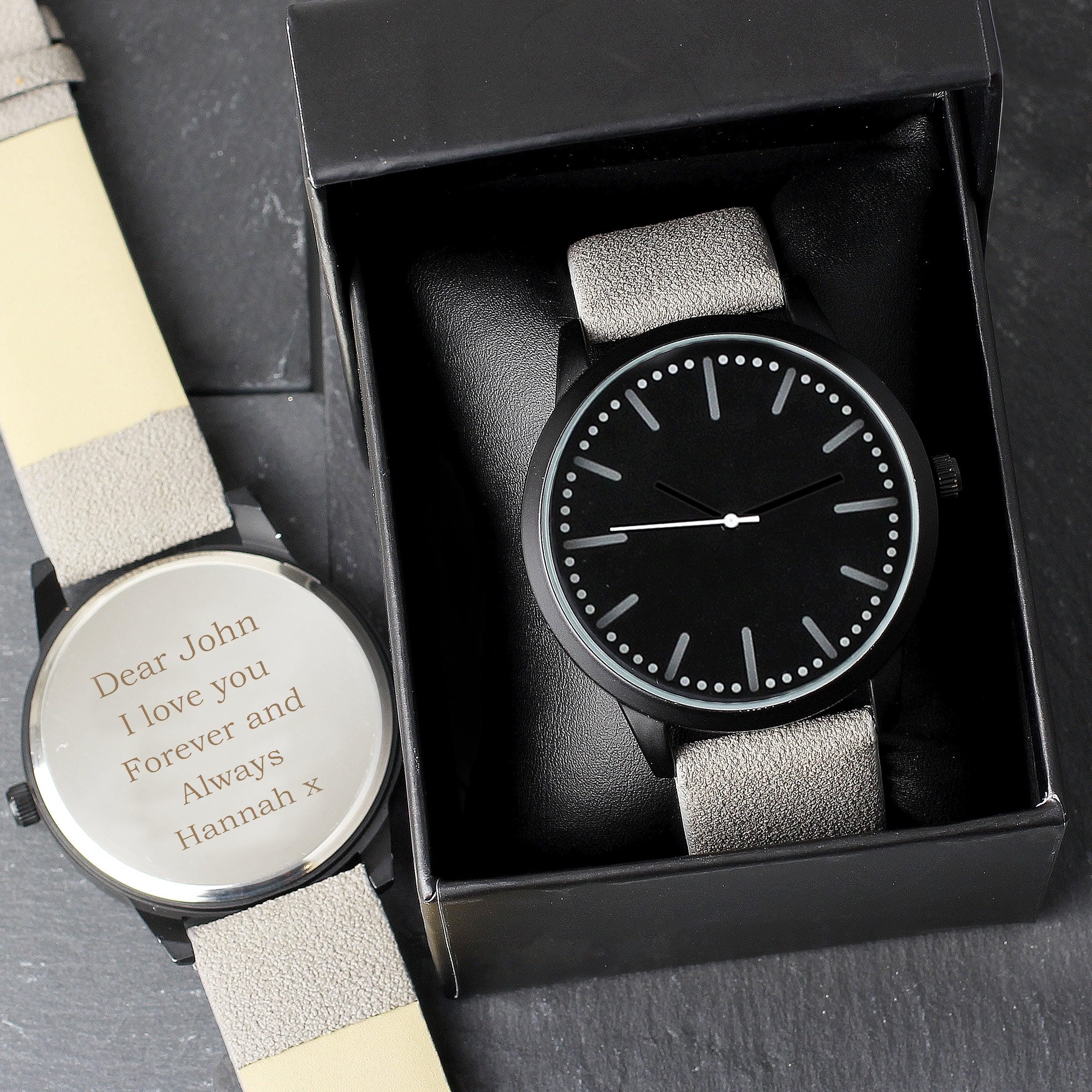 Personalised Mens Matte Black Watch with Grey Strap and Presentation Box - Inspired Creative Gifts