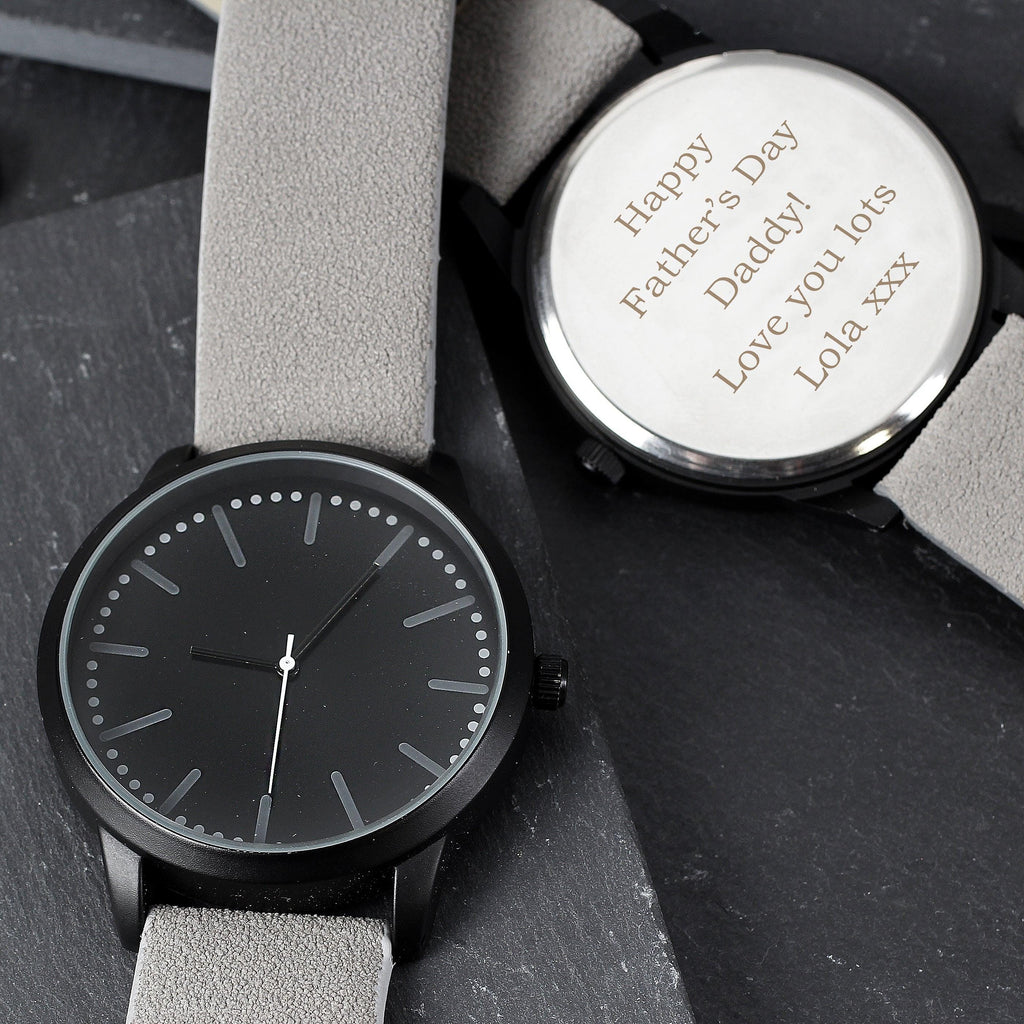Personalised Mens Matte Black Watch with Grey Strap and Presentation Box - Inspired Creative Gifts