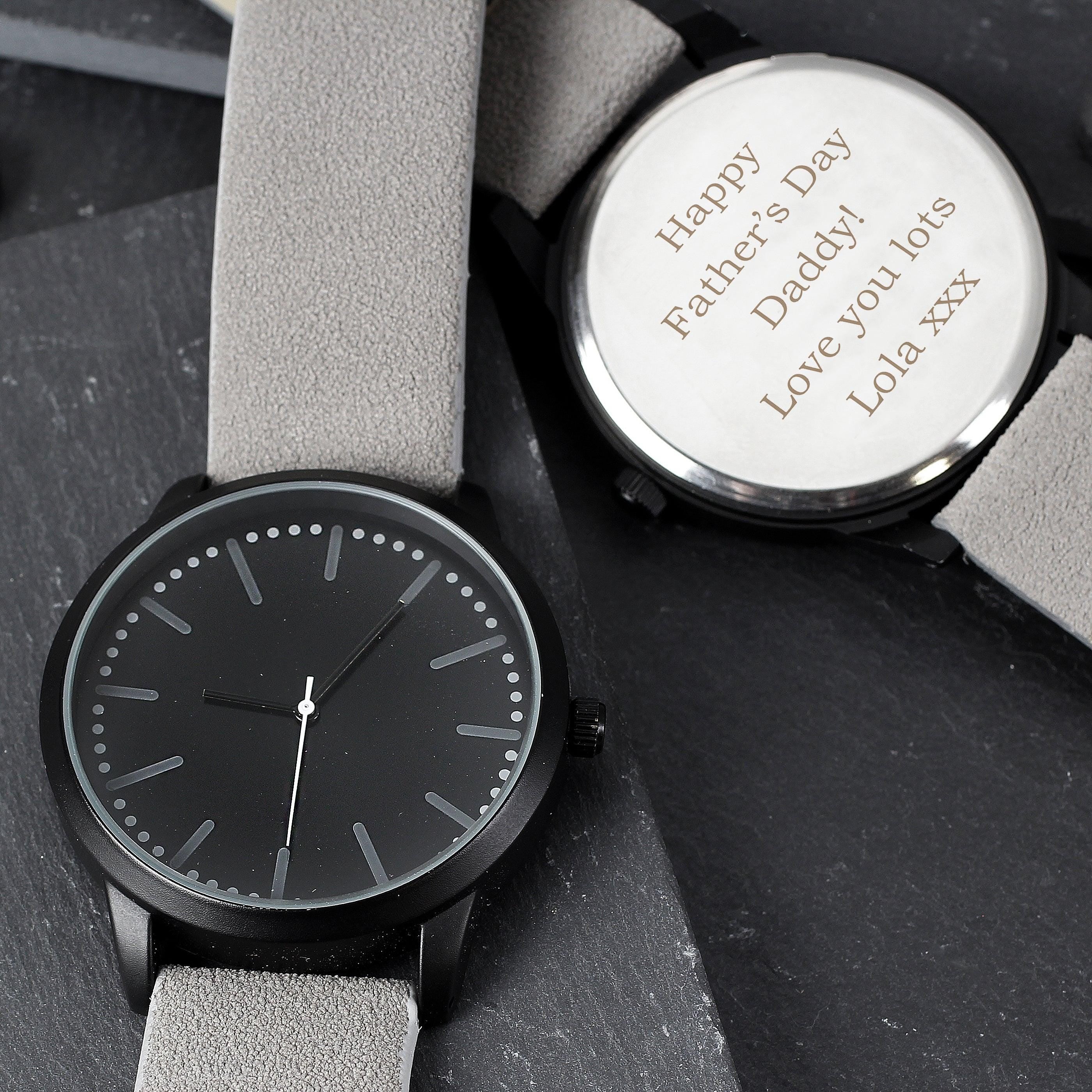 Personalised Mens Matte Black Watch with Grey Strap and Presentation Box - Inspired Creative Gifts