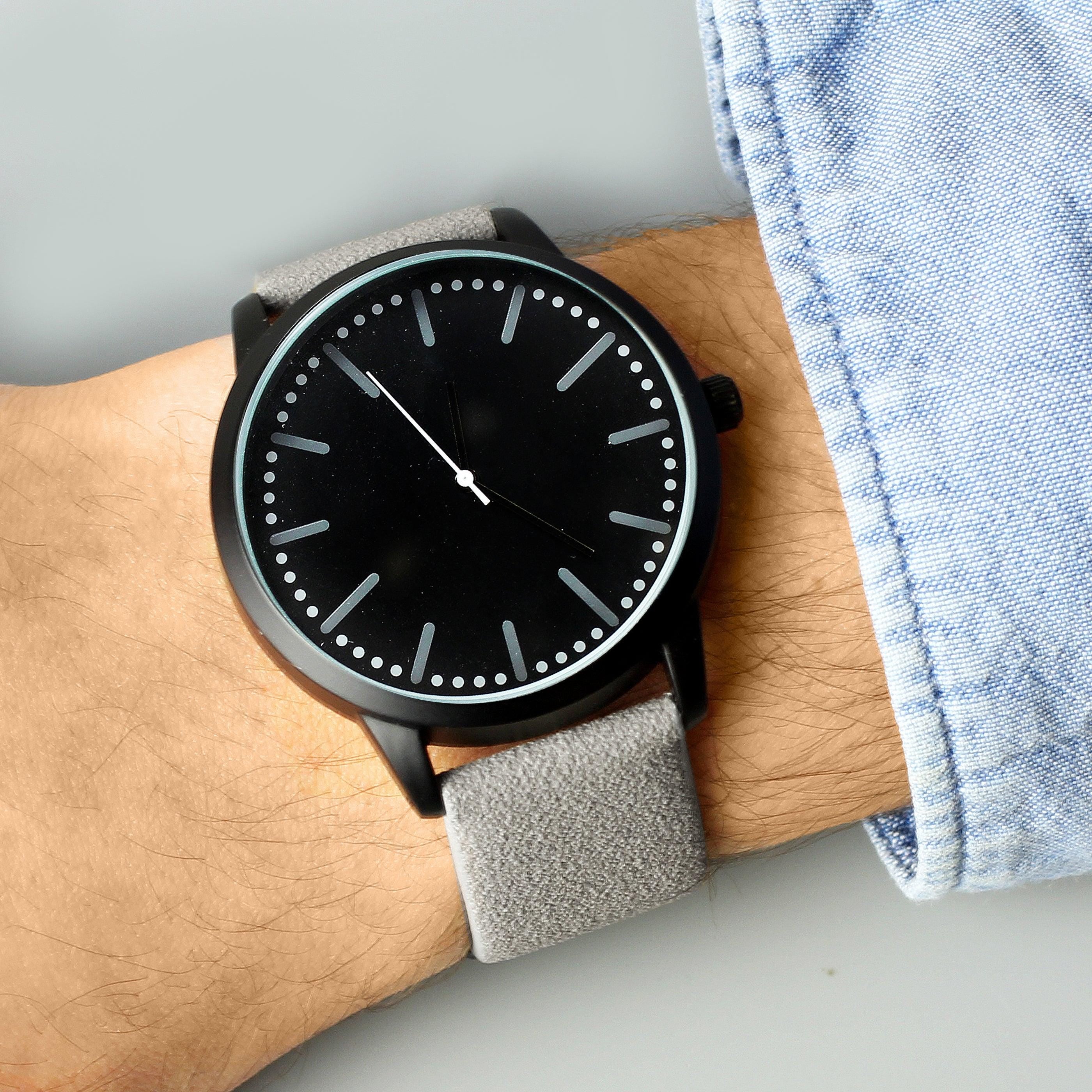 Personalised Mens Matte Black Watch with Grey Strap and Presentation Box - Inspired Creative Gifts