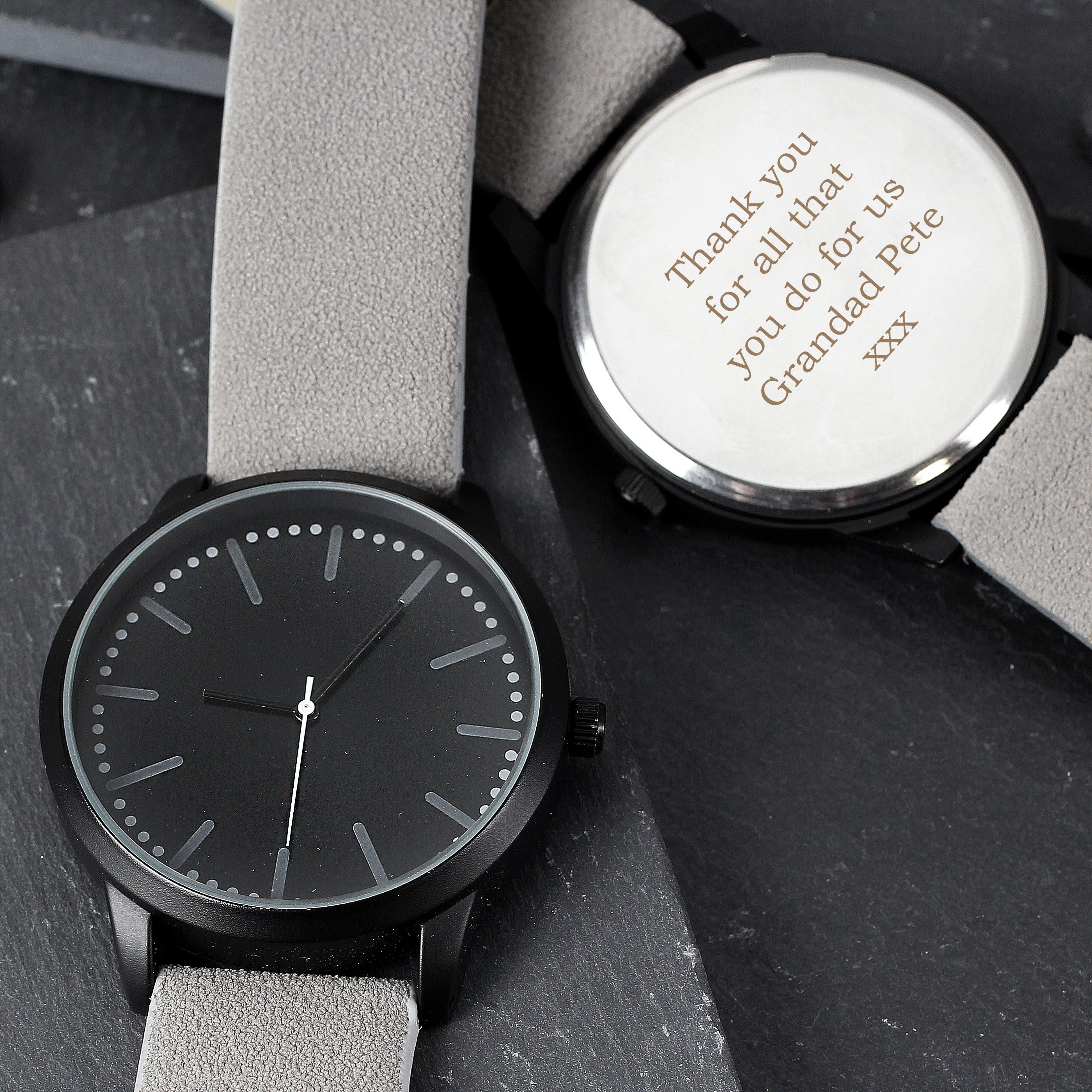 Personalised Mens Matte Black Watch with Grey Strap and Presentation Box - Inspired Creative Gifts