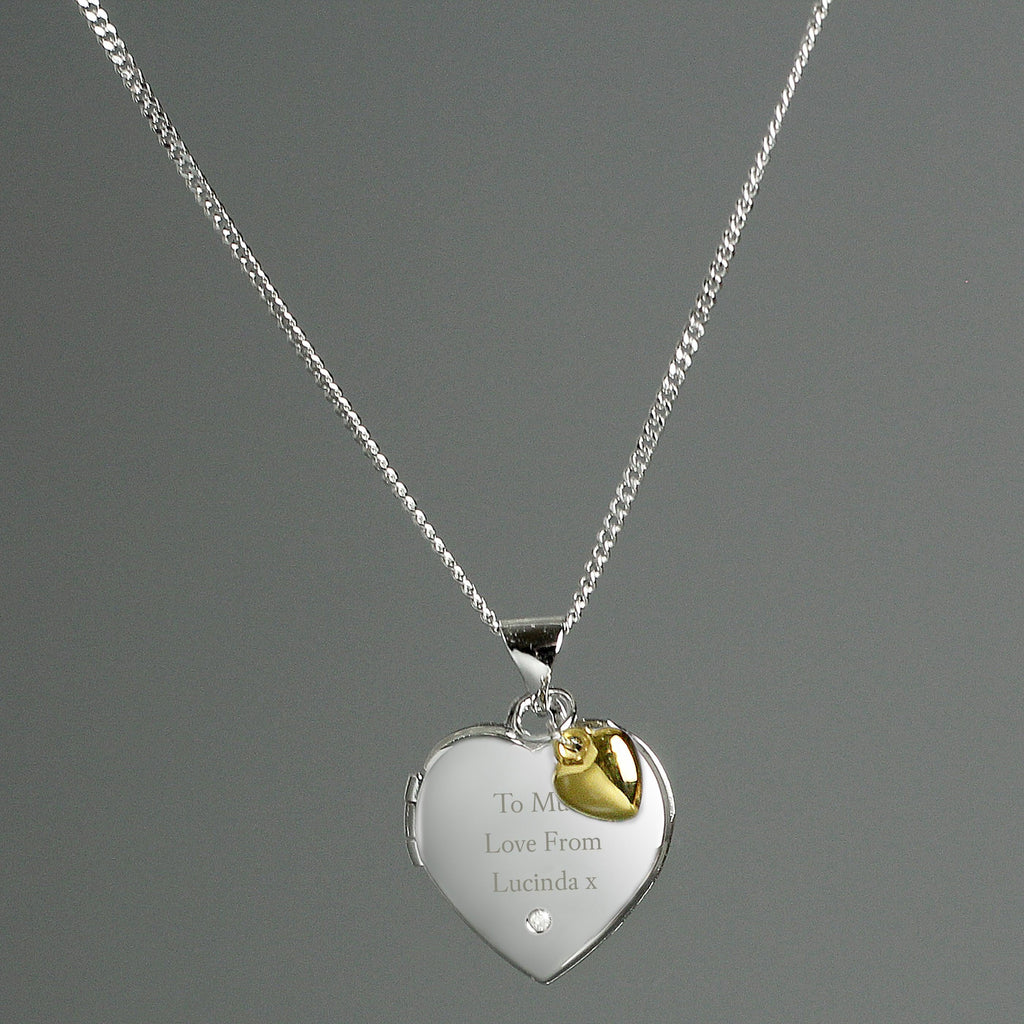 Personalised Sterling Silver Heart Locket Necklace with Diamond & 9ct Gold Charm - Inspired Creative Gifts