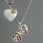 Personalised Sterling Silver Heart Locket Necklace with Diamond & 9ct Gold Charm